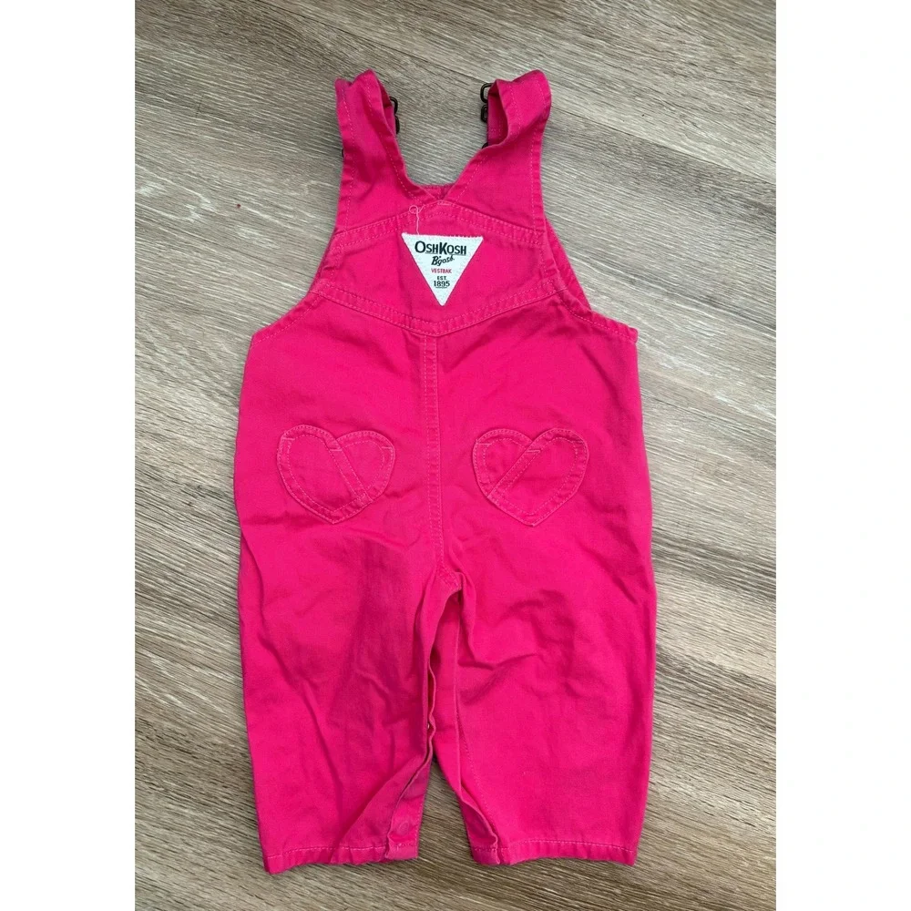 Vintage OshKosh Pink Heart Overalls Denim Adjustable Straps Baby 6m Y2k Preppy‎